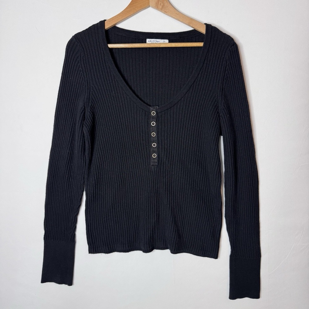 Vintage Y2K 90s Ribbed Henley Women 2X Black Knit Top Snap Front Fitted Scoop‎
